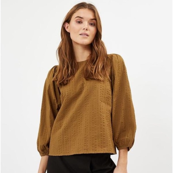 Minimum Tops - Minimum Lyana Blouse in Butternut Peasant Boho Textured Cotton Khaki